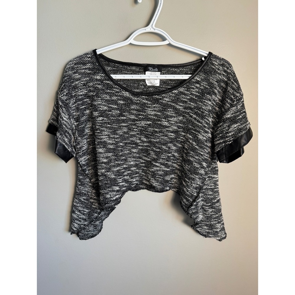 Bali Womens Black White Marled Knit Faux Leather Trim Crop Top S Edgy Grunge